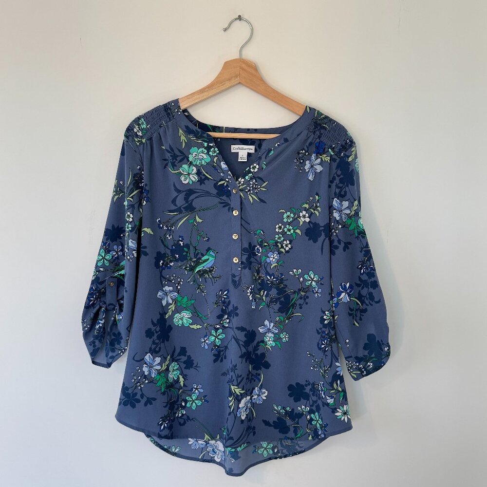 Croft & Barrow Ladies L - Slate Blue Dress Blouse Patterned V-Neck 3/4 Sleeve